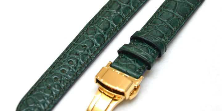 素材：クロコダイル／カラー：マット　深緑／ステッチ：深緑／裏側：防水レザー加工　黒／／時計ベルトオーダー