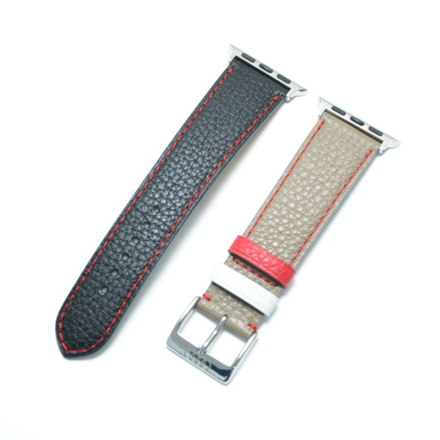 時計ベルトオーダー／カラー：黒・オーク・赤・白／ステッチ：赤／裏側：黒・オーク・赤・白／素材：シュリンクレザー 