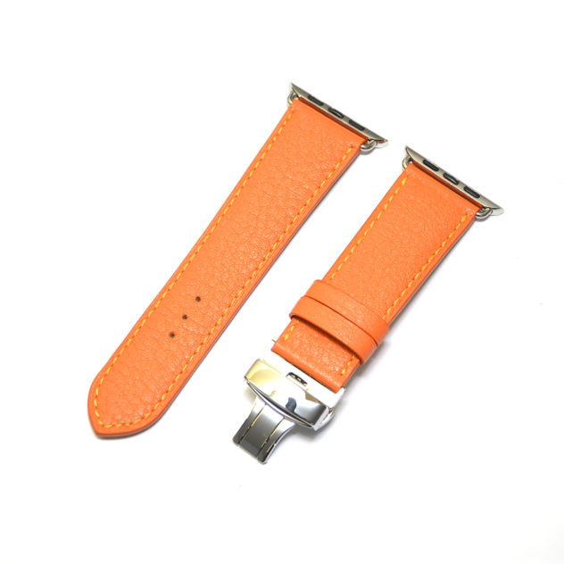 時計ベルトオーダー／カラー：オレンジ／ステッチ：黄色／裏側：防水レザー加工　やまぶき／素材：シュリンクレザー 