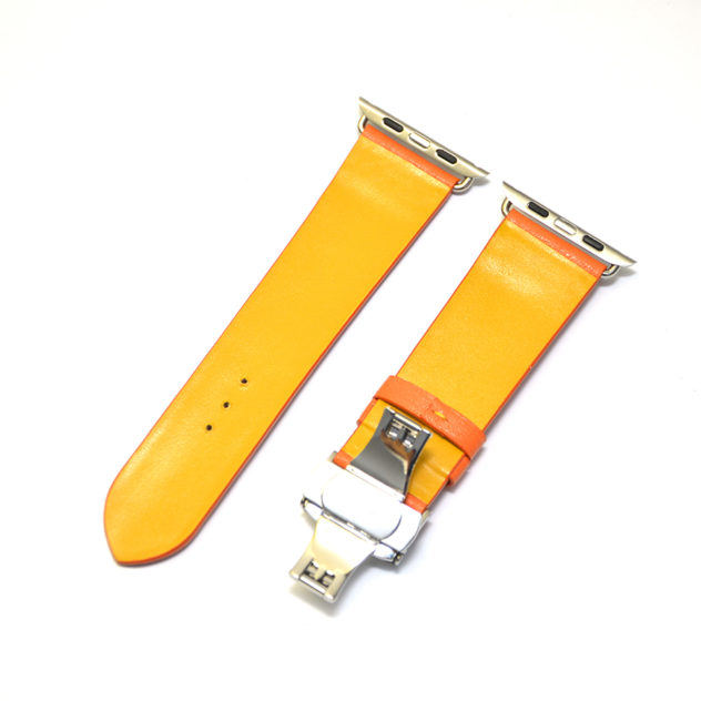 時計ベルトオーダー/カラー:オレンジ/ステッチ:黄色/裏側:防水レザー加工 やまぶき/素材:シュリンクレザー