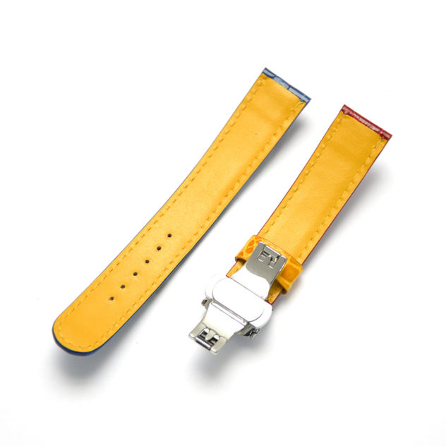 時計ベルトオーダー／カラー：ツヤ　赤・青・黄色／ステッチ：黄色／裏側：やまぶき／素材：クロコダイル 