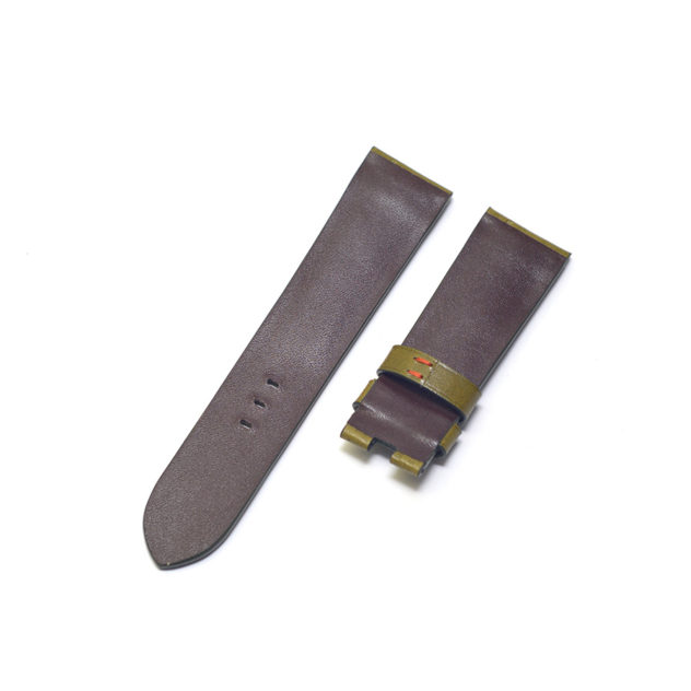 時計ベルトオーダー/カラー:緑/ステッチ:オレンジ/裏側:防水レザー加工 こげ茶/素材:栃木レザー ヌメ革